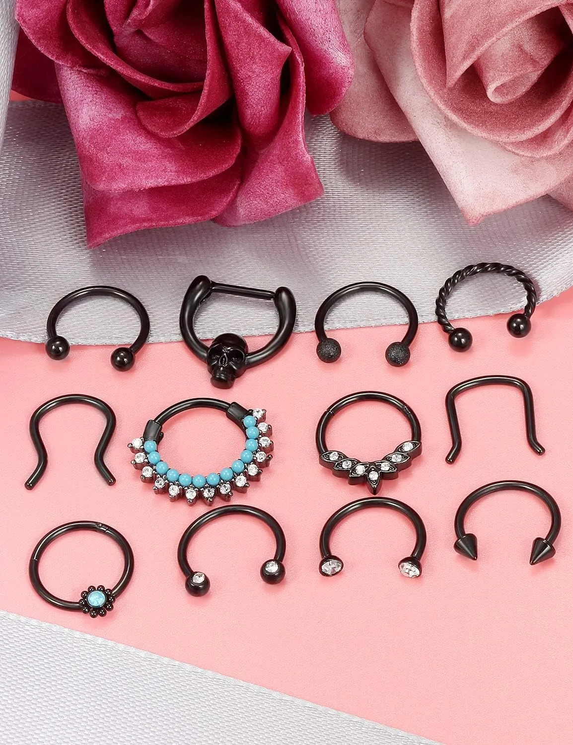 Vsnnsns Septum Ring 16G Stainless Steel Septum Piercing Jewelry Horseshoe Nose Ring Hoop Piercing Jewelry for Women Men 10mm Silver Black Rainbow Rose Gold