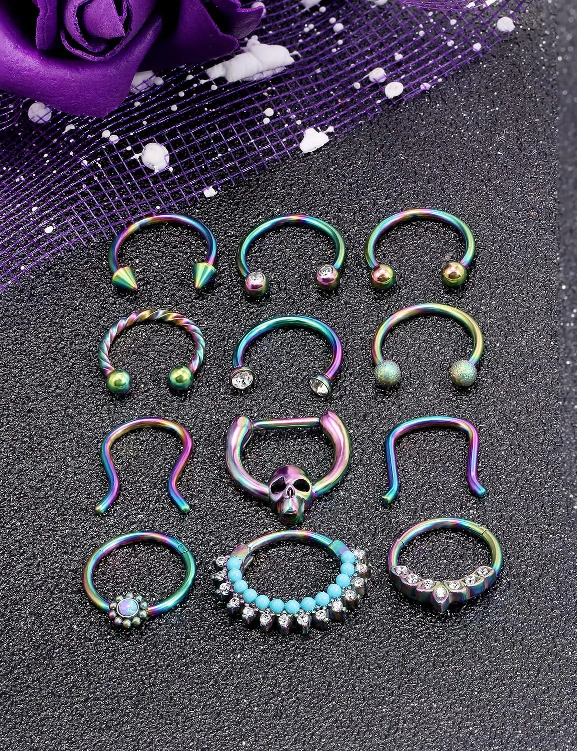 Vsnnsns Septum Ring 16G Stainless Steel Septum Piercing Jewelry Horseshoe Nose Ring Hoop Piercing Jewelry for Women Men 10mm Silver Black Rainbow Rose Gold