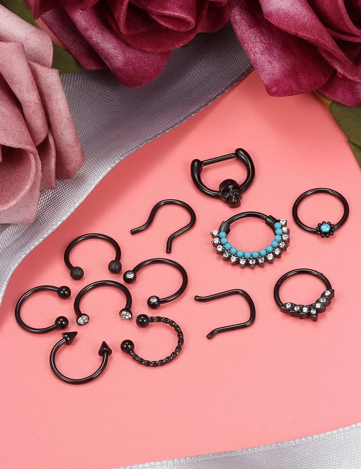 Vsnnsns Septum Ring 16G Stainless Steel Septum Piercing Jewelry Horseshoe Nose Ring Hoop Piercing Jewelry for Women Men 10mm Silver Black Rainbow Rose Gold
