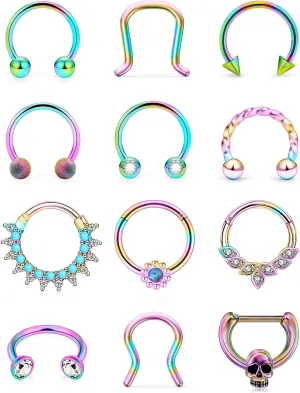 Vsnnsns Septum Ring 16G Stainless Steel Septum Piercing Jewelry Horseshoe Nose Ring Hoop Piercing Jewelry for Women Men 10mm Silver Black Rainbow Rose Gold