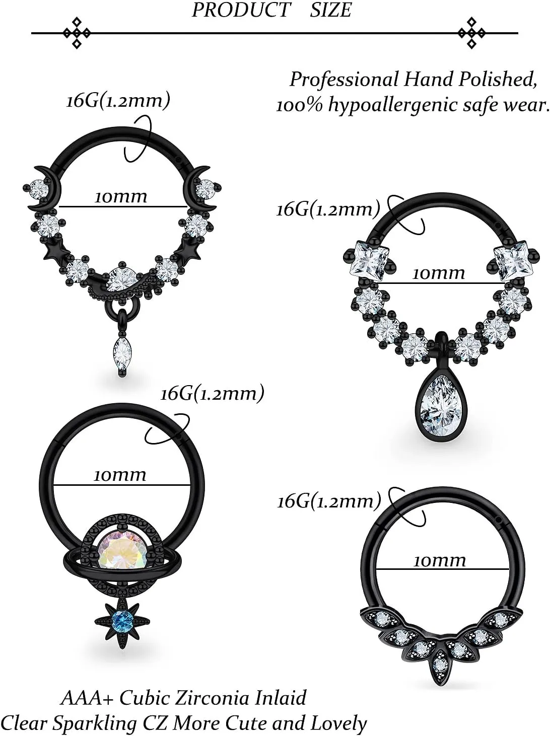 Vsnnsns Septum Rings 16G Stainless Surgical Steel Septum Piercing Jewelry Clicker Septum Rings Hinged Segment Septum Nose Rings Hoop Piercing Jewelry for Women Men Silver Black Rose Gold 10mm