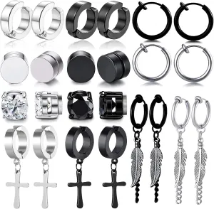 WAINIS 12 Pairs Stainless Steel Non Pierced Earrings for Men Women Magnet CZ Clip on Feather Dangle Earrings Set 8mm