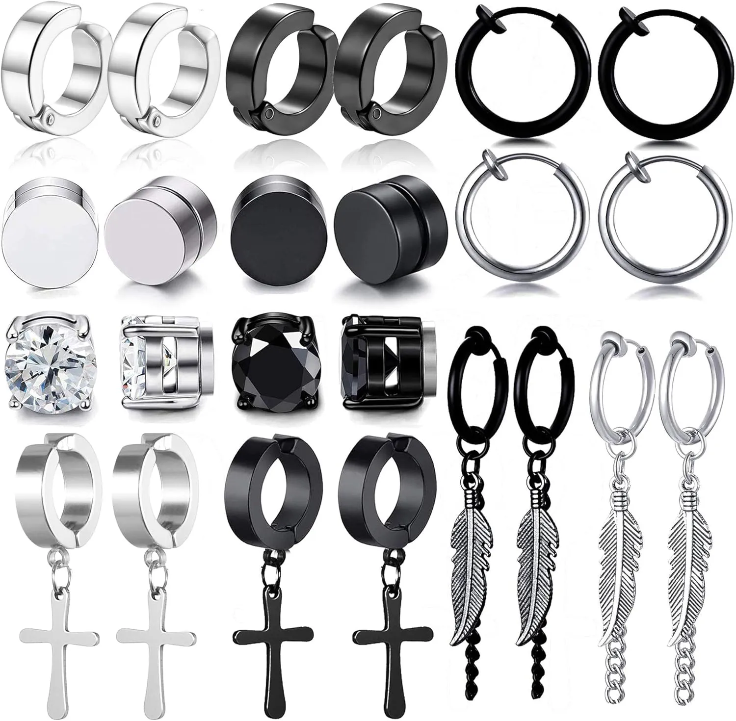 WAINIS 12 Pairs Stainless Steel Non Pierced Earrings for Men Women Magnet CZ Clip on Feather Dangle Earrings Set 8mm