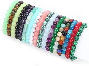 WAINIS 18PCS 8mm Semi-precious Beaded Bracelets for Women Multicolor Elastic Stretch Crystal Glass Bracelet