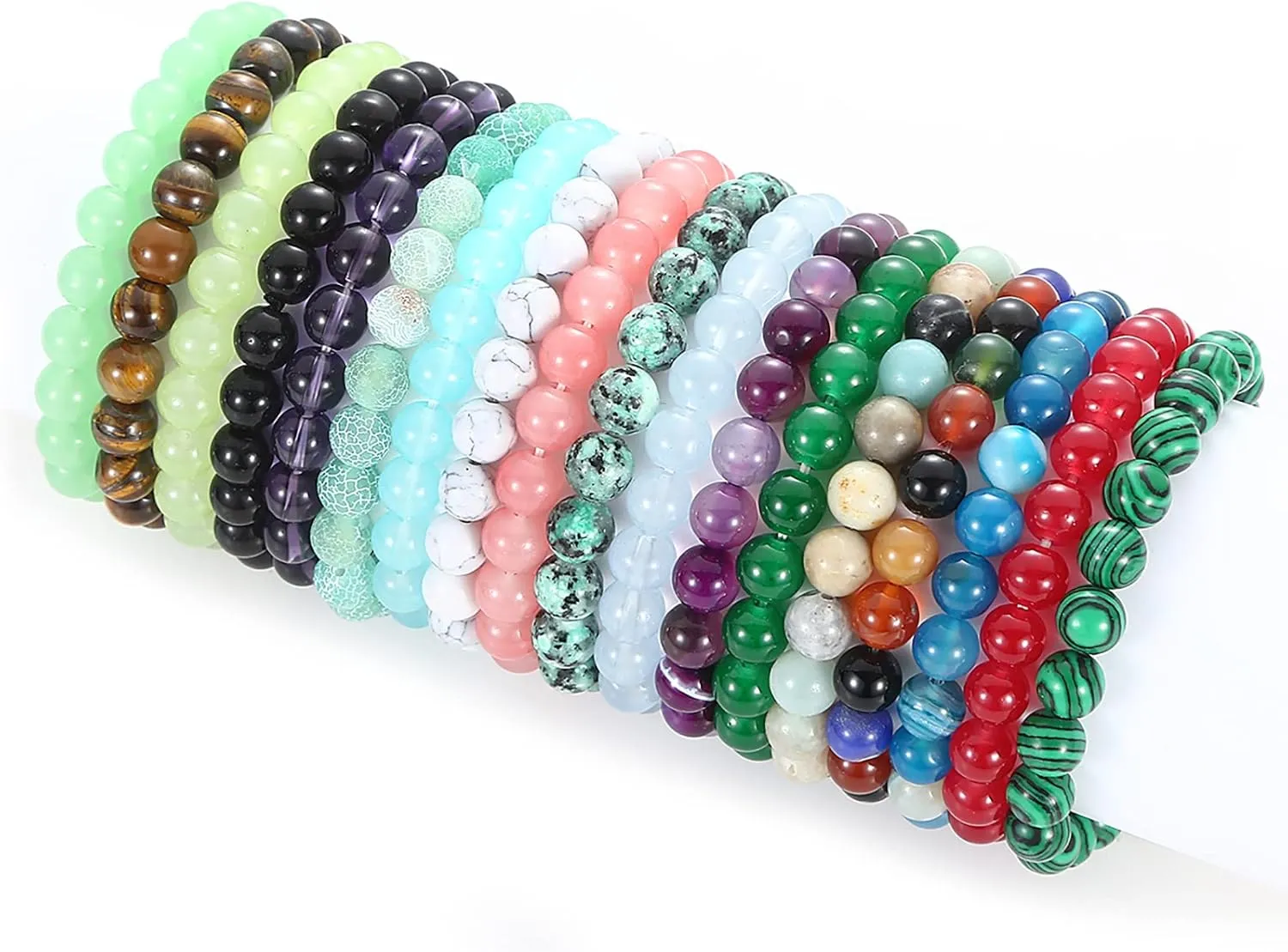 WAINIS 18PCS 8mm Semi-precious Beaded Bracelets for Women Multicolor Elastic Stretch Crystal Glass Bracelet