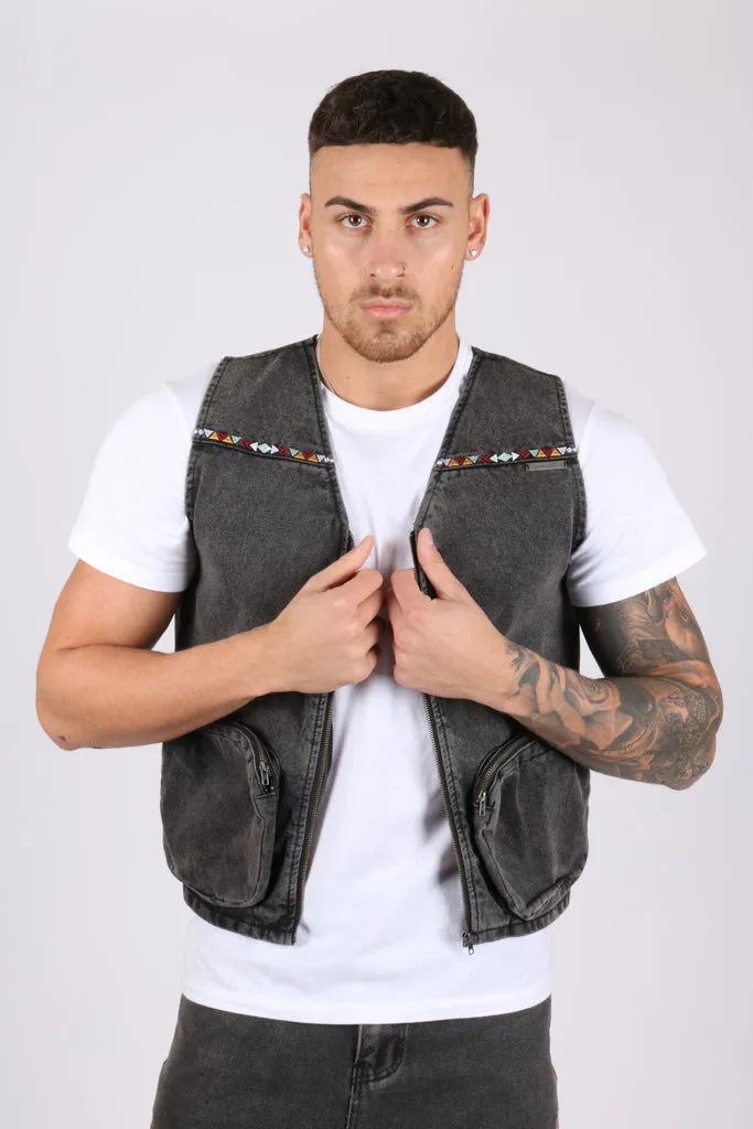 Washed Black Denim Gilet with Aztec Embroidery
