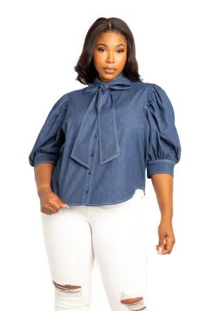 Washed Denim Puff Sleeve Blouse