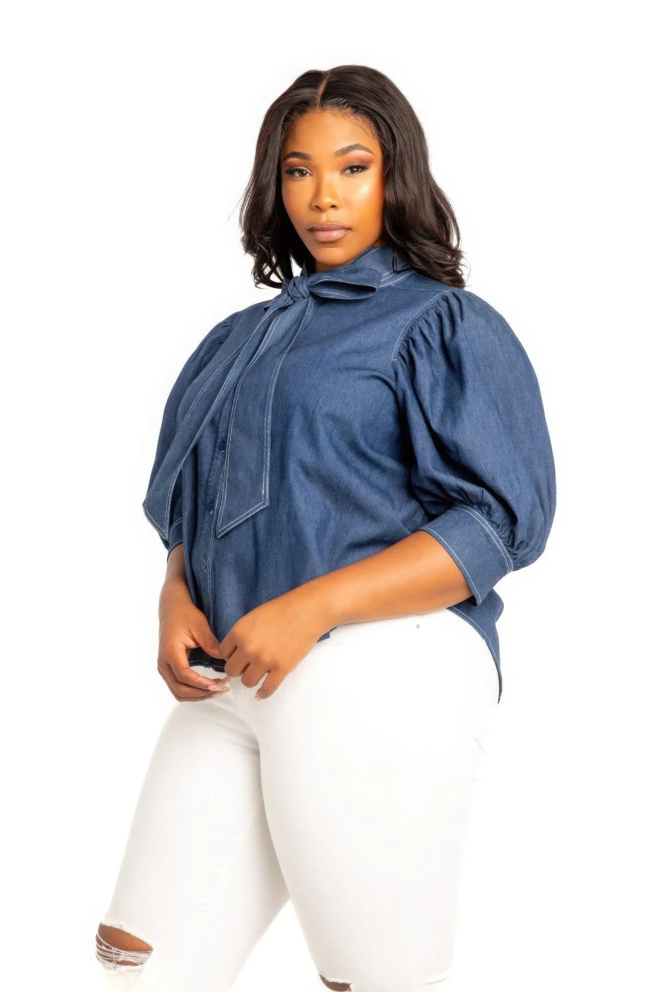 Washed Denim Puff Sleeve Blouse