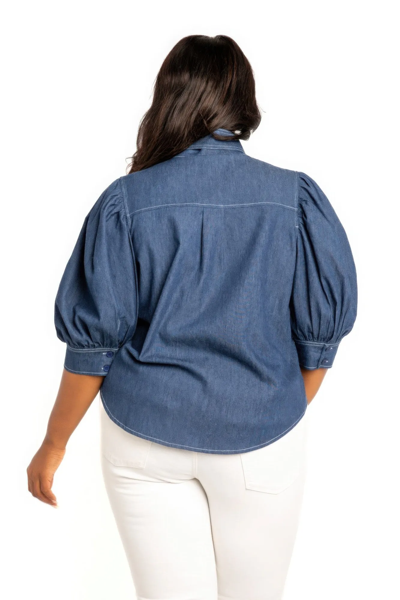 Washed Denim Puff Sleeve Blouse