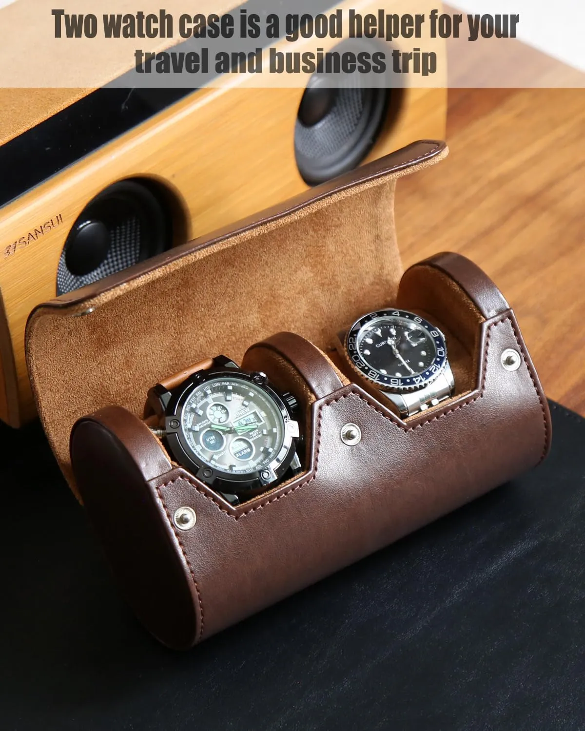 Watch Roll Travel Case for Men and Women with Suede Lining Portable 2 Slot Watch Display Storage and Organizer to Holder Large Watch (2 Slot Dark Brown)