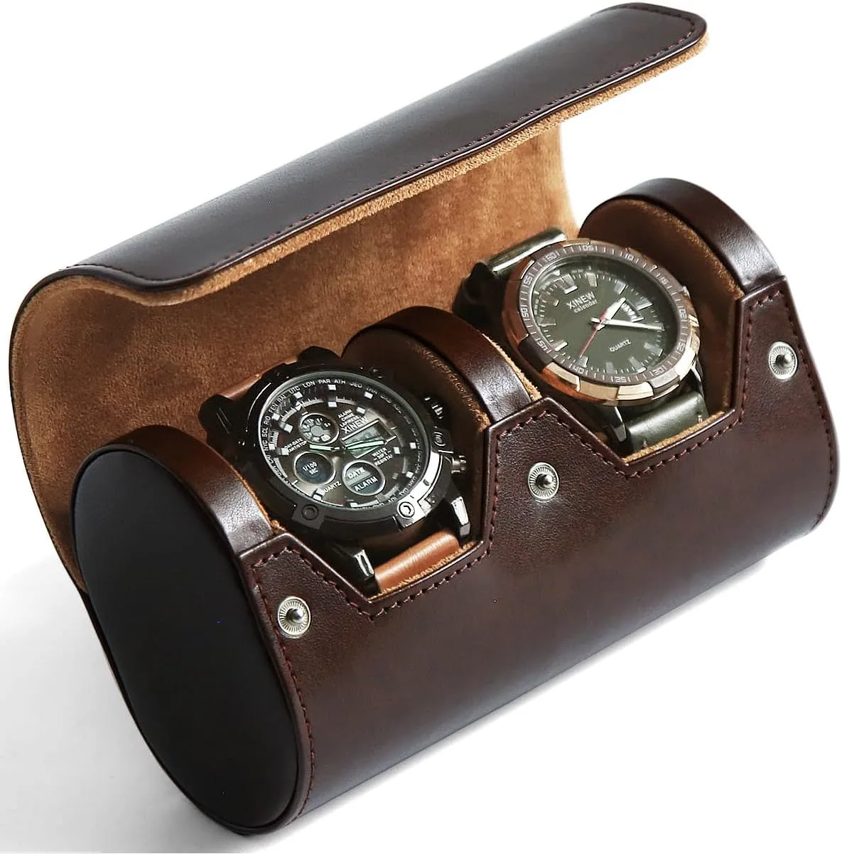 Watch Roll Travel Case for Men and Women with Suede Lining Portable 2 Slot Watch Display Storage and Organizer to Holder Large Watch (2 Slot Dark Brown)