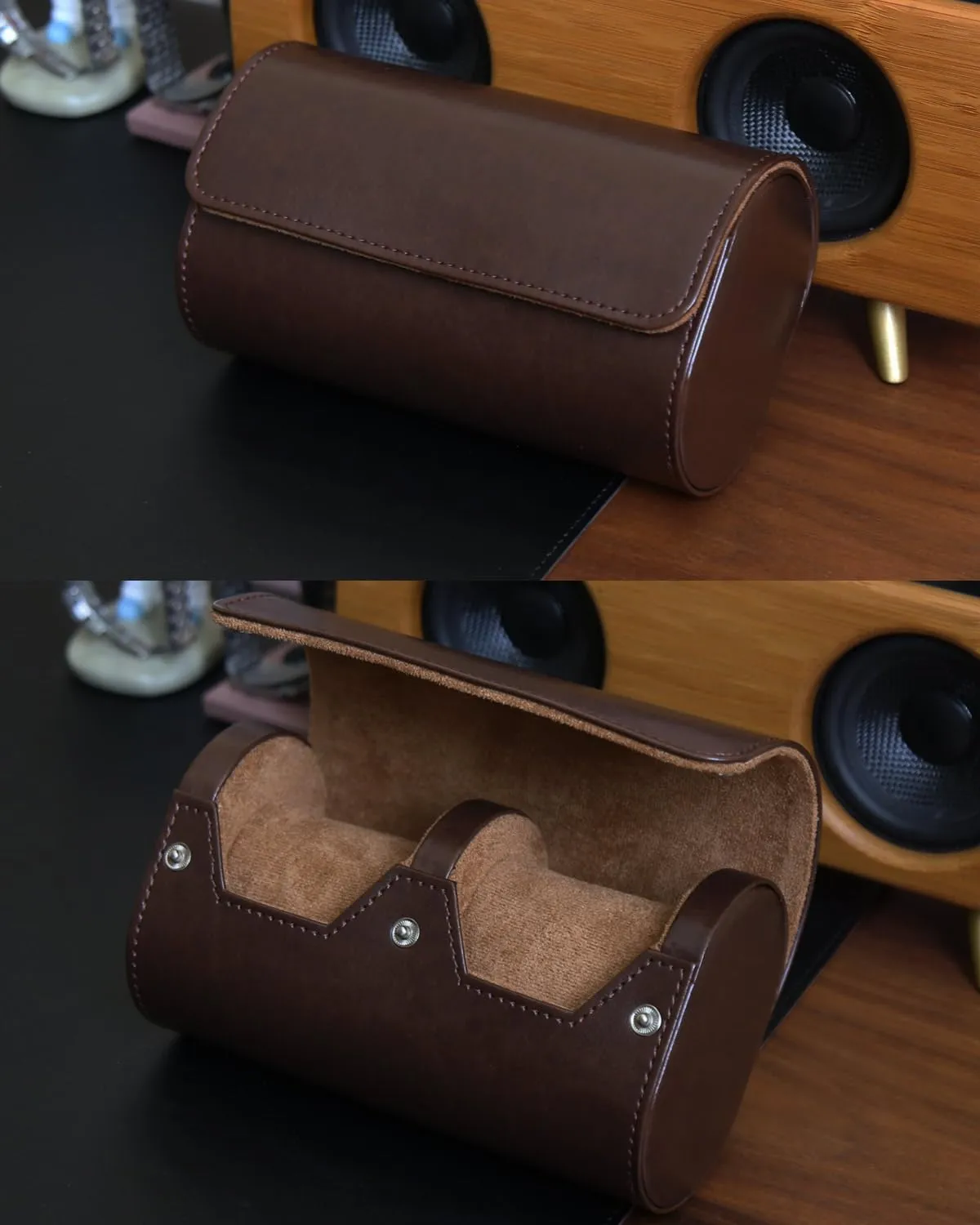 Watch Roll Travel Case for Men and Women with Suede Lining Portable 2 Slot Watch Display Storage and Organizer to Holder Large Watch (2 Slot Dark Brown)