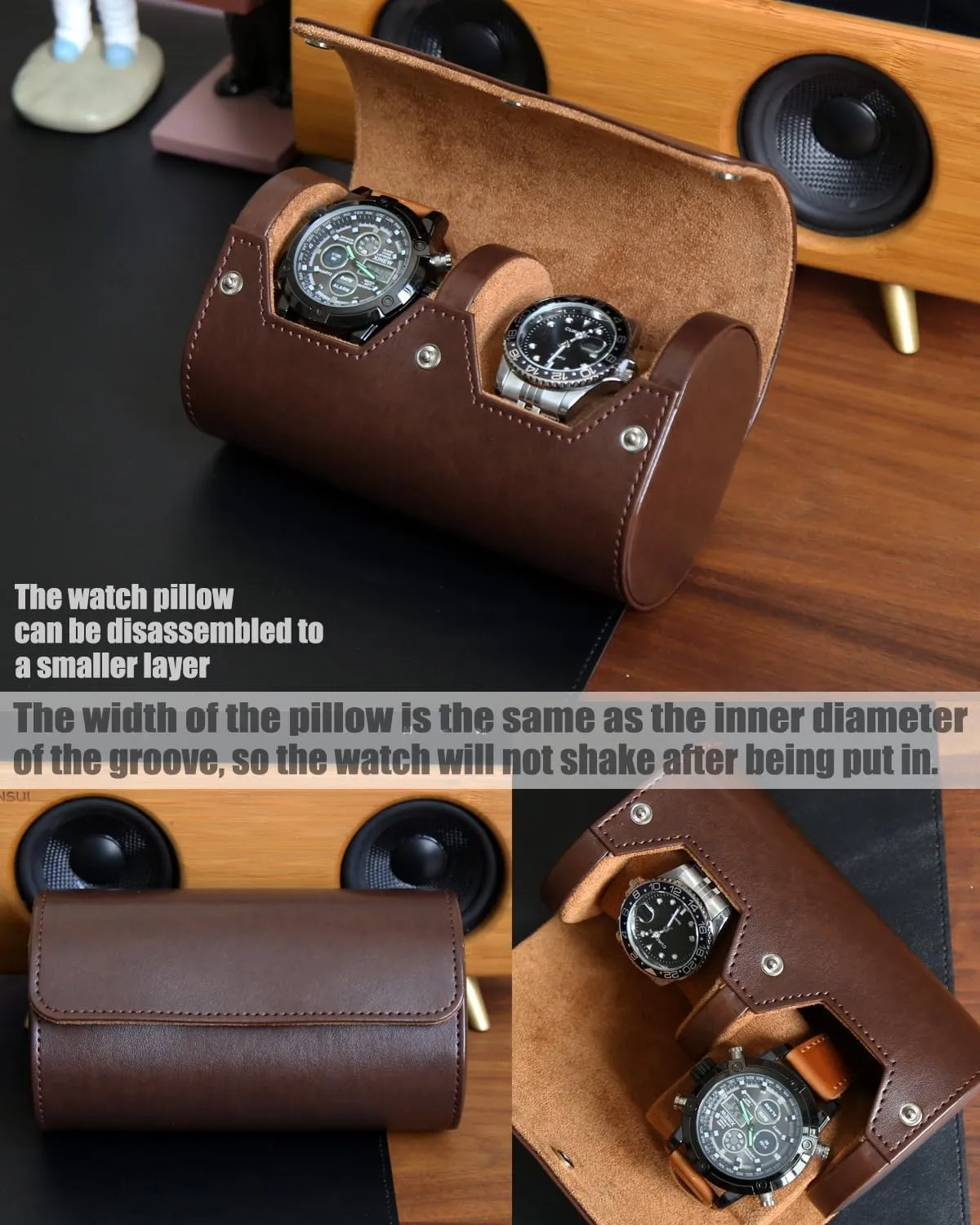 Watch Roll Travel Case for Men and Women with Suede Lining Portable 2 Slot Watch Display Storage and Organizer to Holder Large Watch (2 Slot Dark Brown)