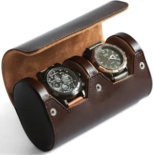 Watch Roll Travel Case for Men and Women with Suede Lining Portable 2 Slot Watch Display Storage and Organizer to Holder Large Watch (2 Slot Dark Brown)