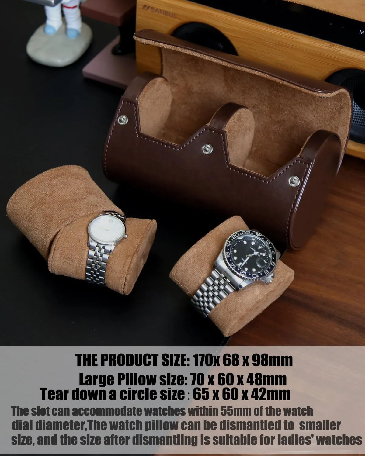 Watch Roll Travel Case for Men and Women with Suede Lining Portable 2 Slot Watch Display Storage and Organizer to Holder Large Watch (2 Slot Dark Brown)