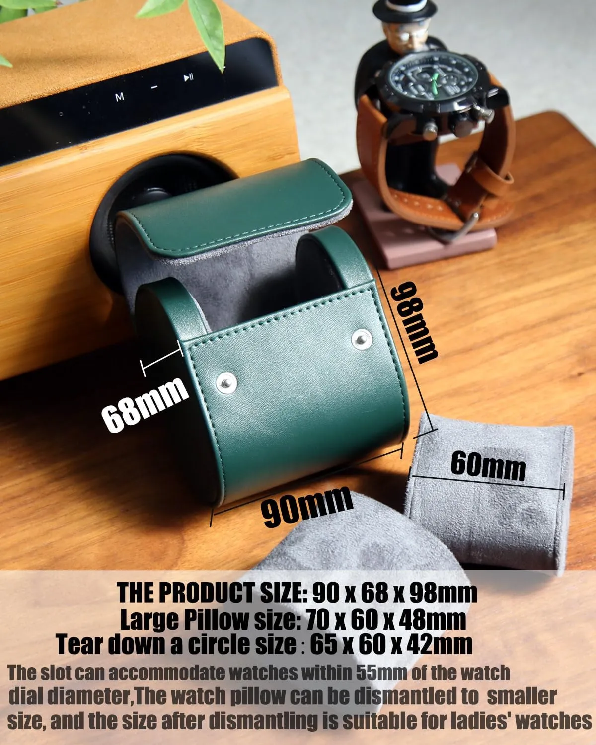 Watch Roll Travel Case for Men and Women with Suede Lining Watch Display Box Single Watch Storage and Organizer (Green)