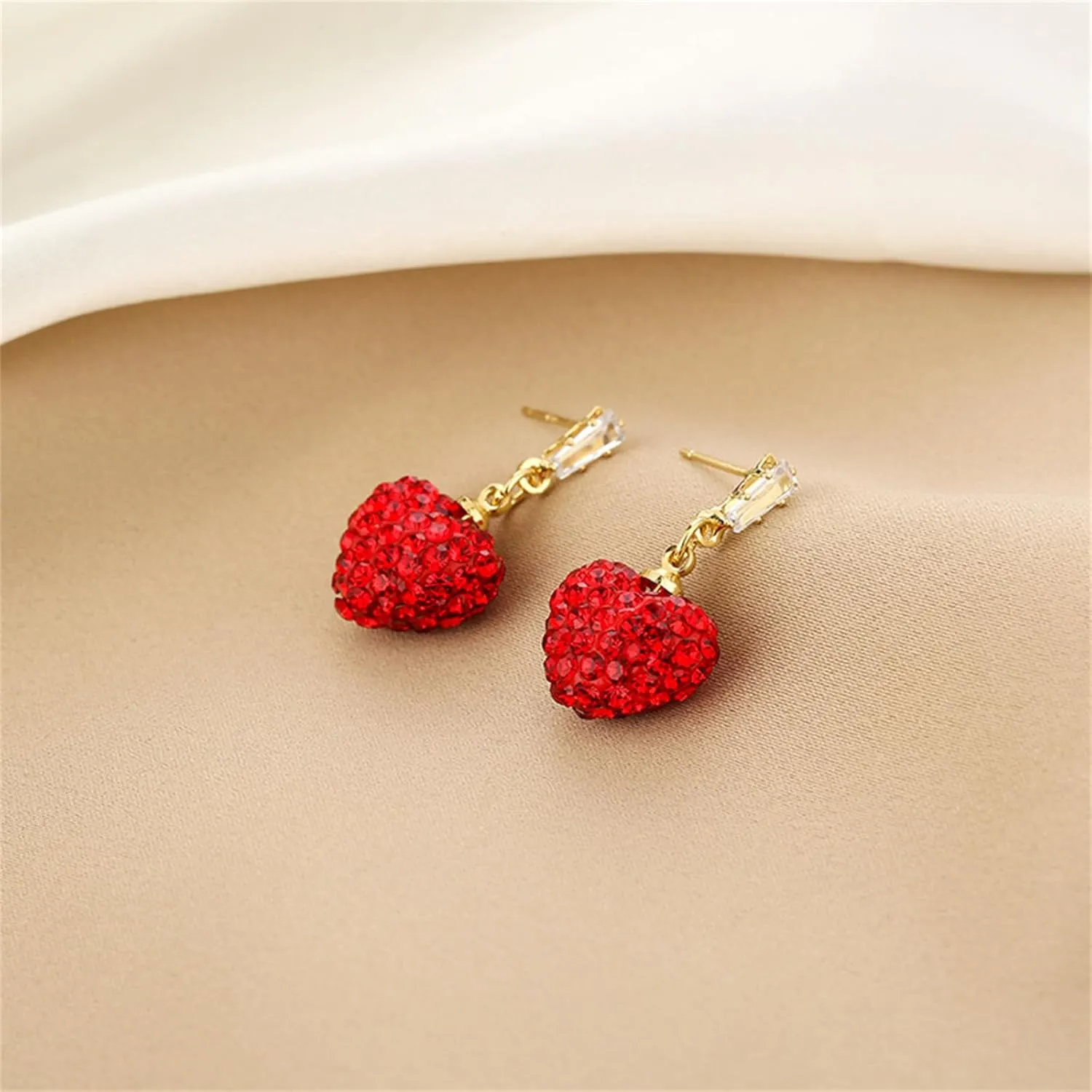 WCRAZYE Red Heart Earrings for Women Girls Handmade Elegant Sparlking Rhinestone Red Pink Love Heart Dangle Drop Valentines Day Earrings Girlfriends Wife Jewelry Gifts (Red Heart Earrings)
