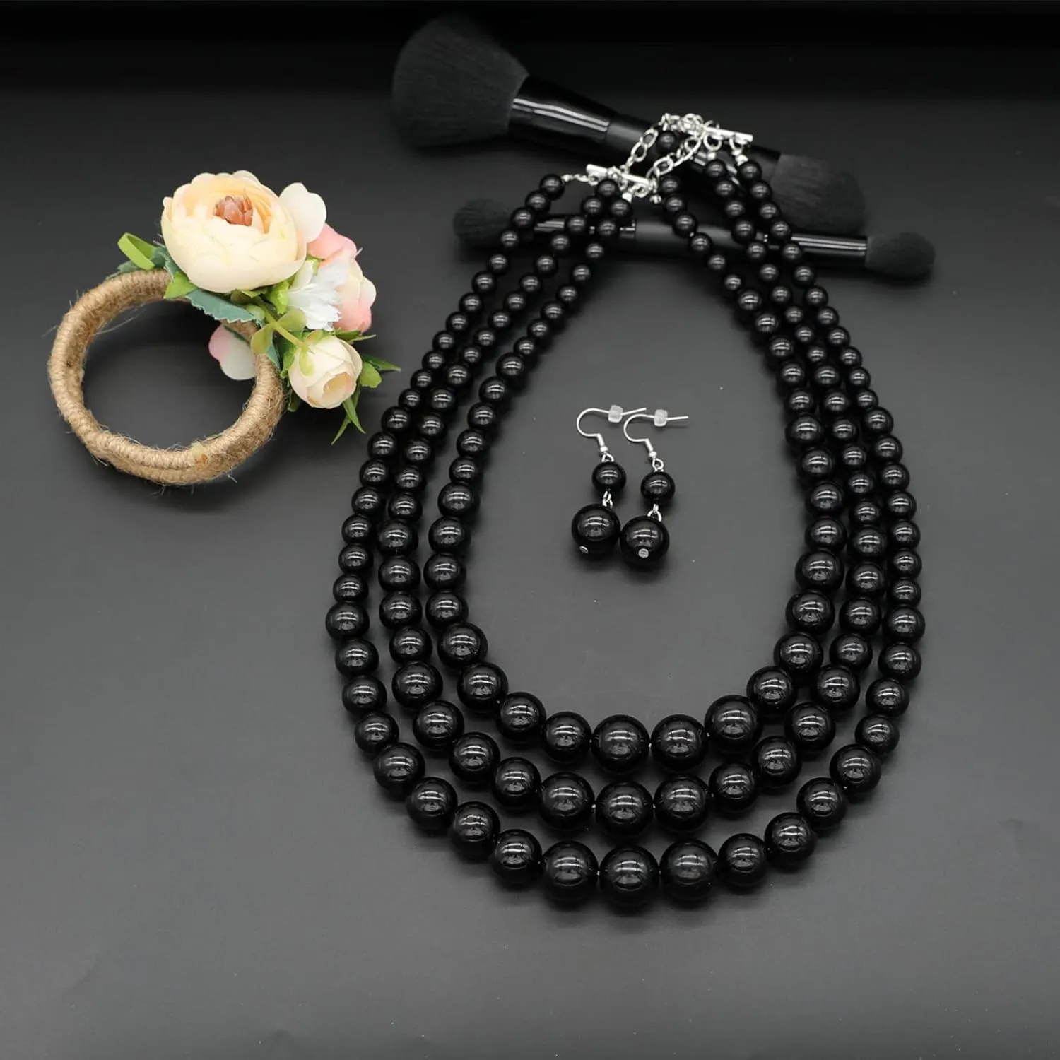 We We Three Layers Faux Pearl Necklace for Women Multi strand Pearl Necklace Earrings Set 1920s Pearl Costume Jewelry