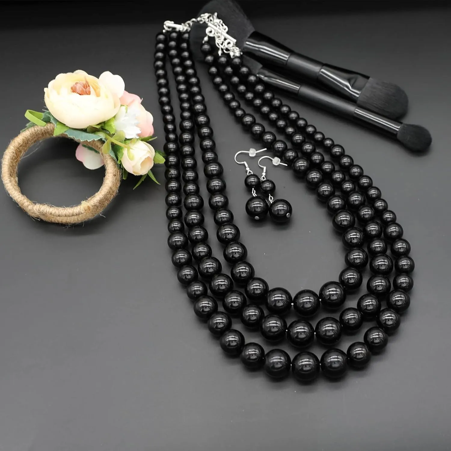 We We Three Layers Faux Pearl Necklace for Women Multi strand Pearl Necklace Earrings Set 1920s Pearl Costume Jewelry