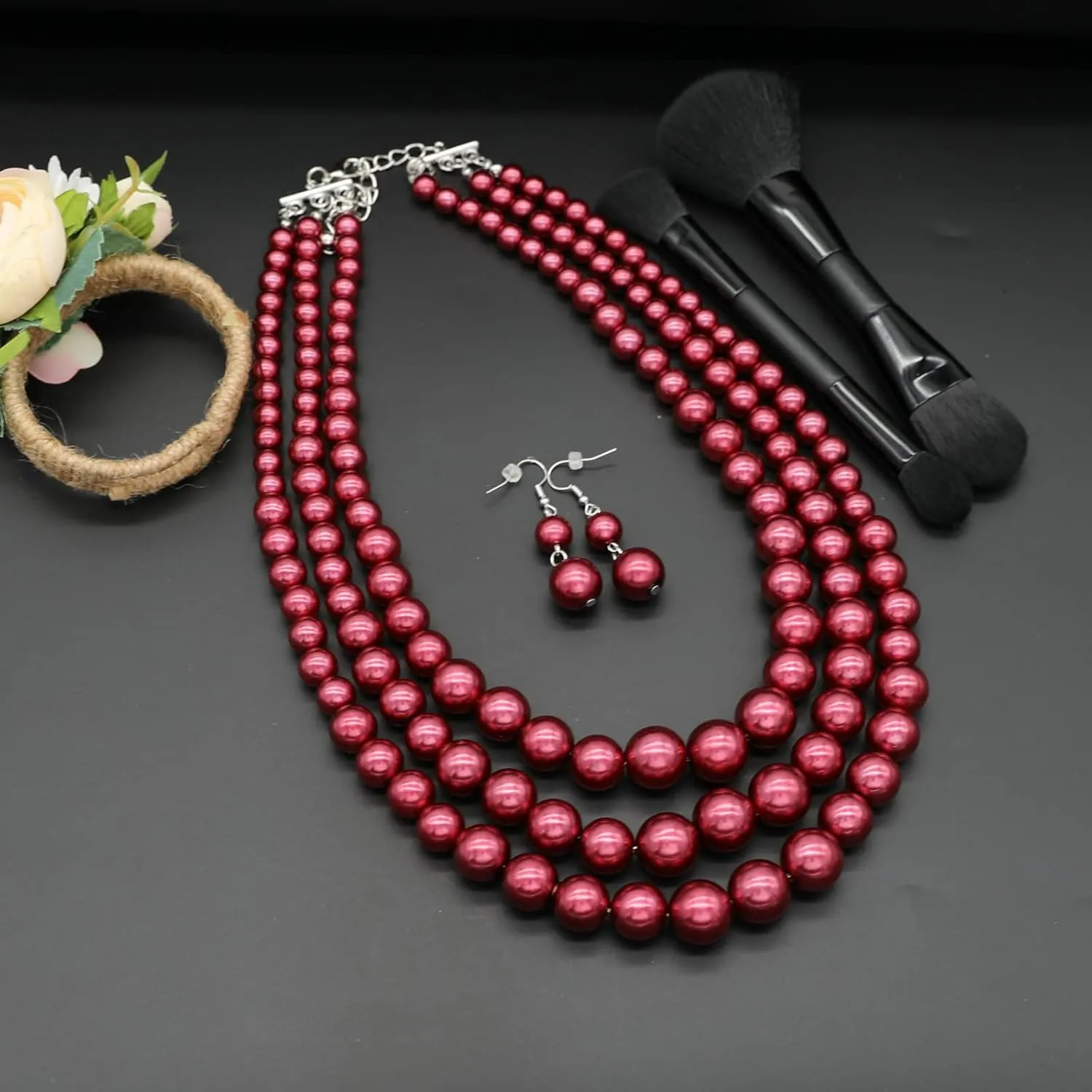 We We Three Layers Faux Pearl Necklace for Women Multi strand Pearl Necklace Earrings Set 1920s Pearl Costume Jewelry