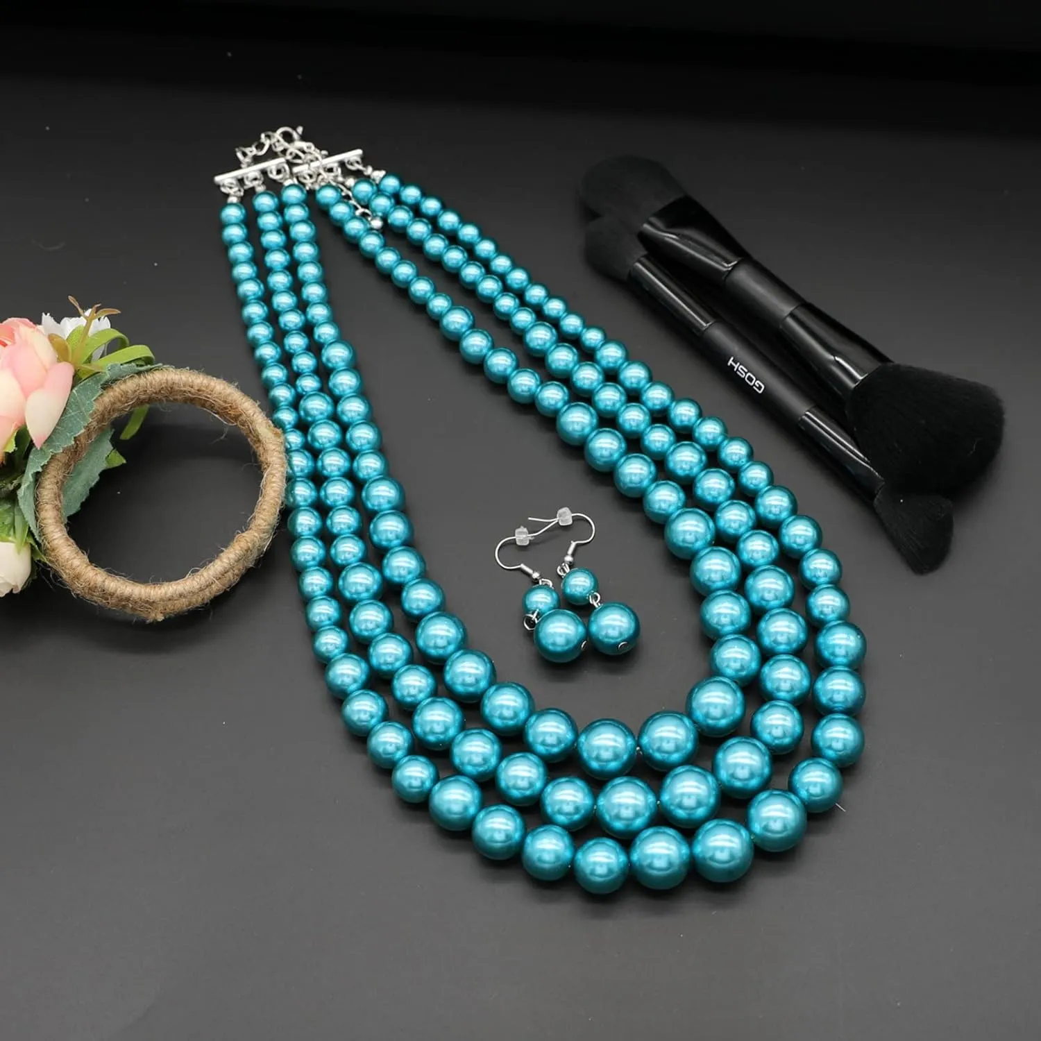 We We Three Layers Faux Pearl Necklace for Women Multi strand Pearl Necklace Earrings Set 1920s Pearl Costume Jewelry