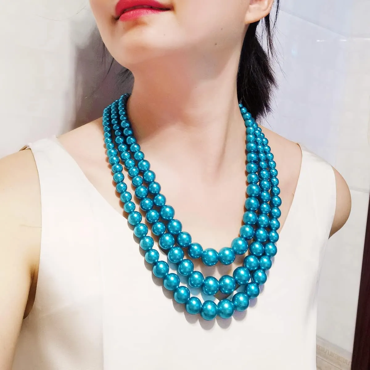 We We Three Layers Faux Pearl Necklace for Women Multi strand Pearl Necklace Earrings Set 1920s Pearl Costume Jewelry