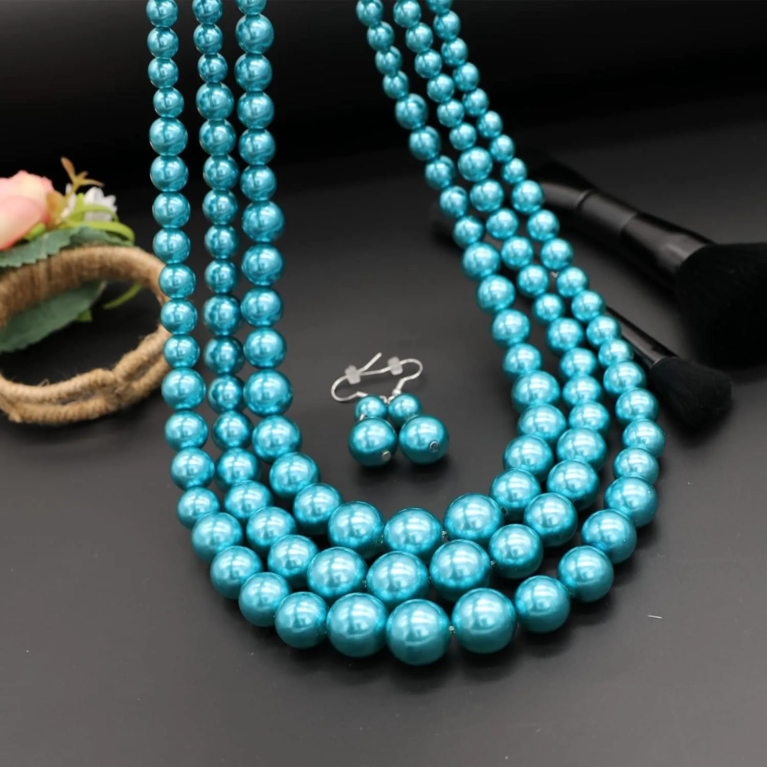 We We Three Layers Faux Pearl Necklace for Women Multi strand Pearl Necklace Earrings Set 1920s Pearl Costume Jewelry