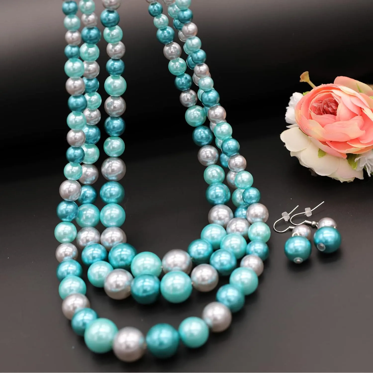 We We Three Layers Faux Pearl Necklace for Women Multi strand Pearl Necklace Earrings Set 1920s Pearl Costume Jewelry