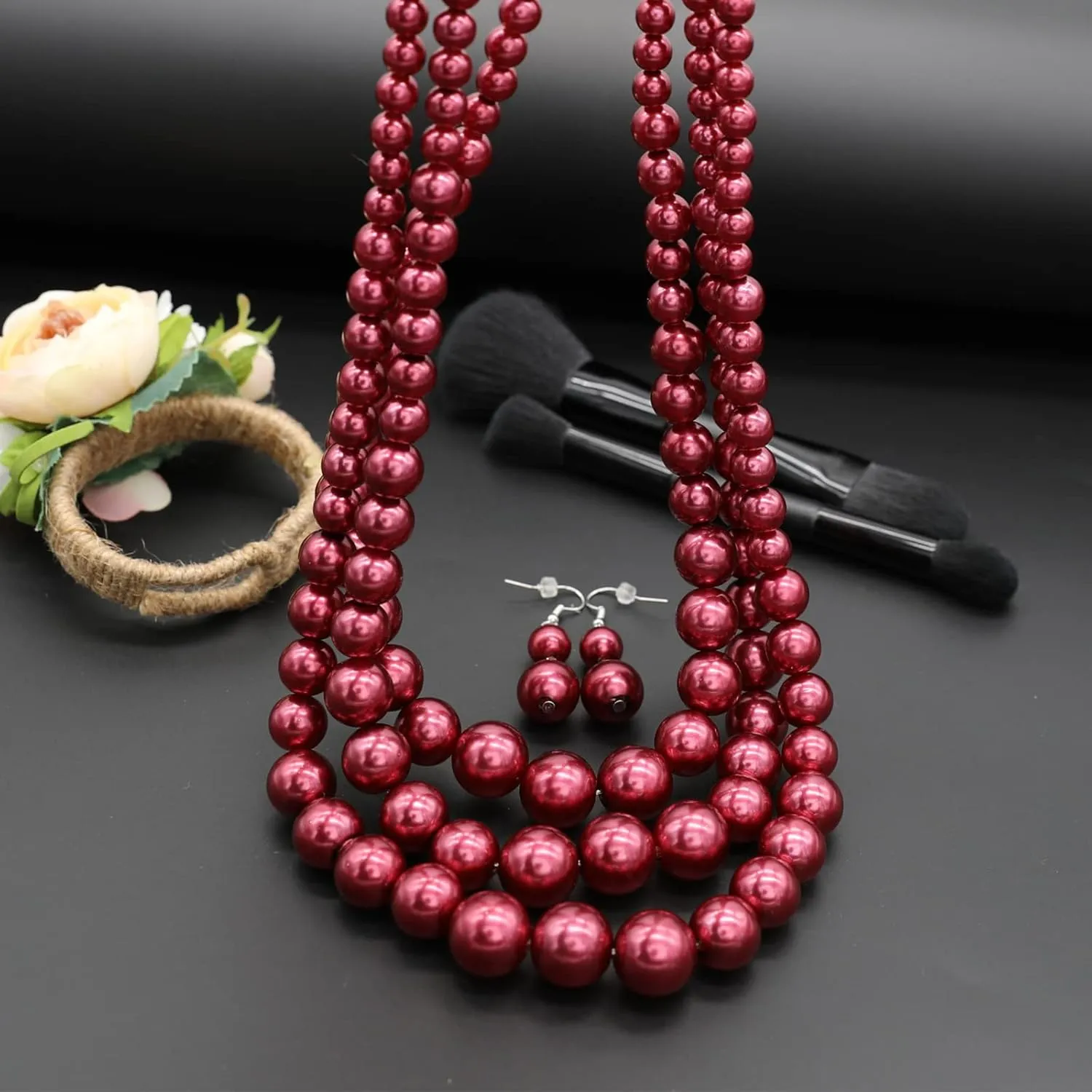 We We Three Layers Faux Pearl Necklace for Women Multi strand Pearl Necklace Earrings Set 1920s Pearl Costume Jewelry