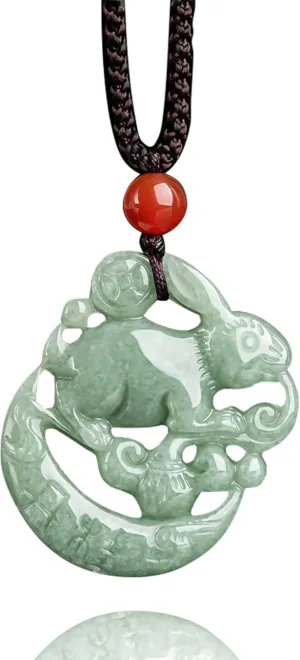 Wealth Rabbit Natural Green Jade Pendant Necklaces for Women Men, Fashion Rope Chain Amulet Hand-carved Good Luck Jewelry Choker Necklaces for Lovers Friends Gifts