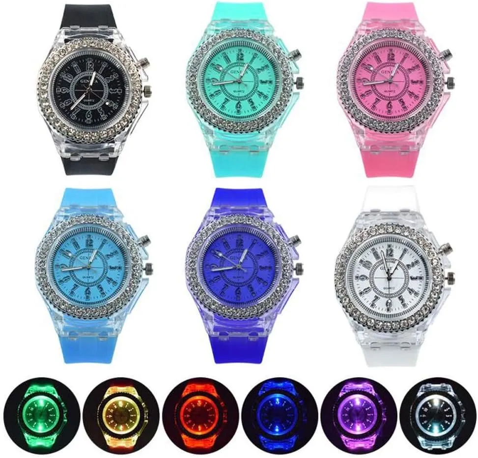 Weicam 6 Pack Women Men LED Luminous Colorful Lights Watches Unisex Jelly Analog Quartz Wrist Watches Wholesales Assort Set Bracelet