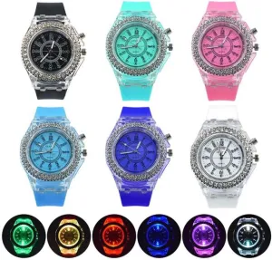 Weicam 6 Pack Women Men LED Luminous Colorful Lights Watches Unisex Jelly Analog Quartz Wrist Watches Wholesales Assort Set Bracelet