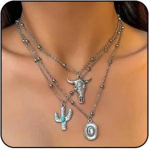 Western Necklaces for Women Turquoise Boho Necklaces Trendy Western Jewelry for Womem Layered Cowgirl Accessories Vintage Turquoise Beaded Ox-head Cactus Hat Pendant Necklace Set Country Jewelry