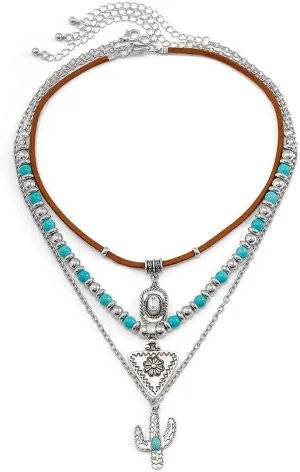 Western Turquoise Layered Chain Necklaces,Retro Imitation Turquoise Collarbone Chain,Boho Layered Necklaces,Bull Head Necklace Country Concert Accessories Outfits Jewelry Gifts for Women Cowgirls