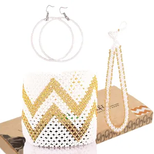 White and Gold African Jewelry Set For Women - Handmade String Bracelet, Anklet & Hoop Earrings  Durable Boho Design
