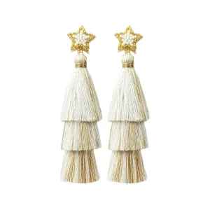 White Boho Tassel Earrings, Long Beaded Christmas Drop Earrings for Women Xmas Earrings for Girls, Elegant Dangle Earrings Holiday Jewelry New Year Earrings Summer Gift