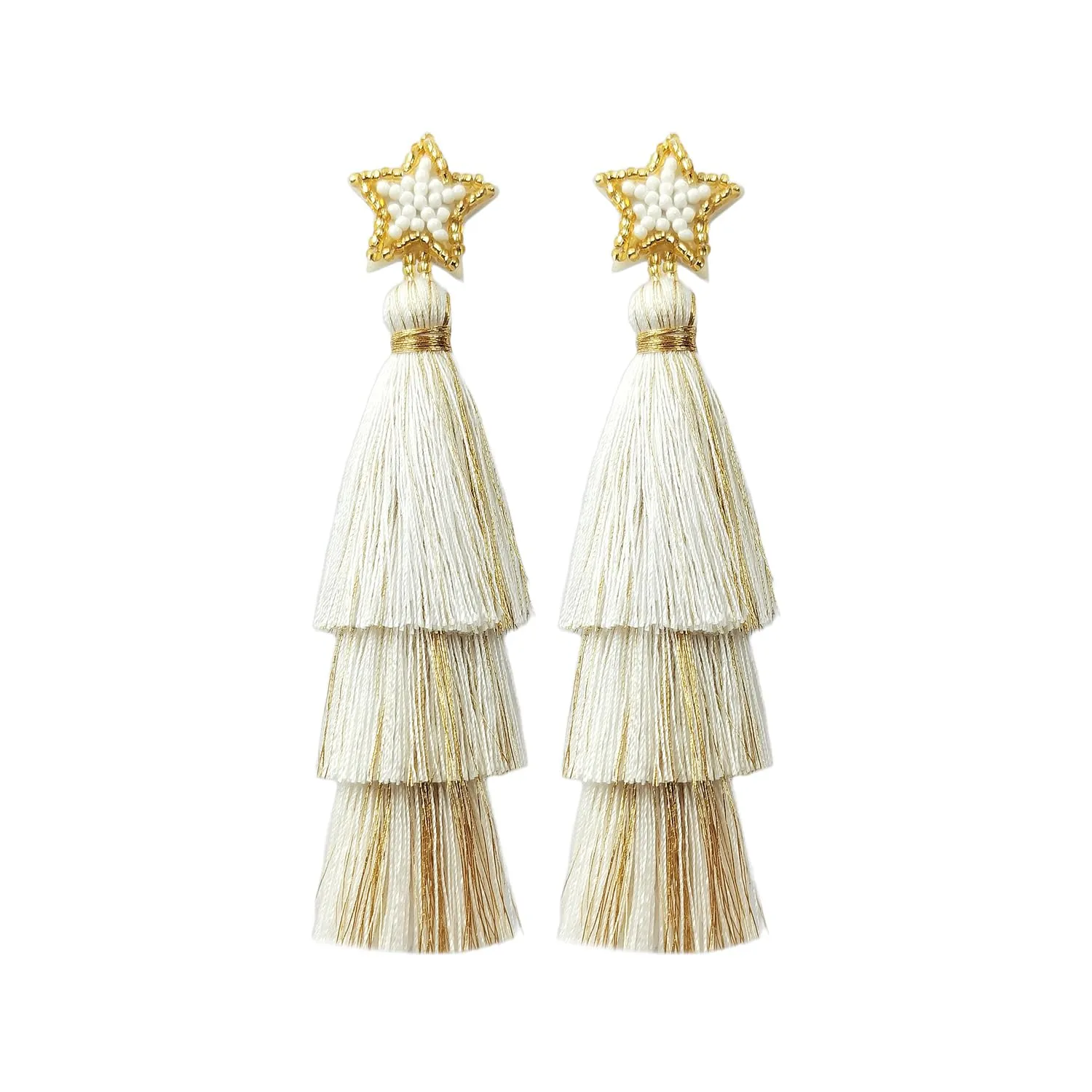 White Boho Tassel Earrings, Long Beaded Christmas Drop Earrings for Women Xmas Earrings for Girls, Elegant Dangle Earrings Holiday Jewelry New Year Earrings Summer Gift