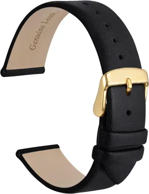 WOCCI 13mm Lug Width, Elegant Watch Band, Genuine Leather Replacement Strap with Gold Buckle (Black)