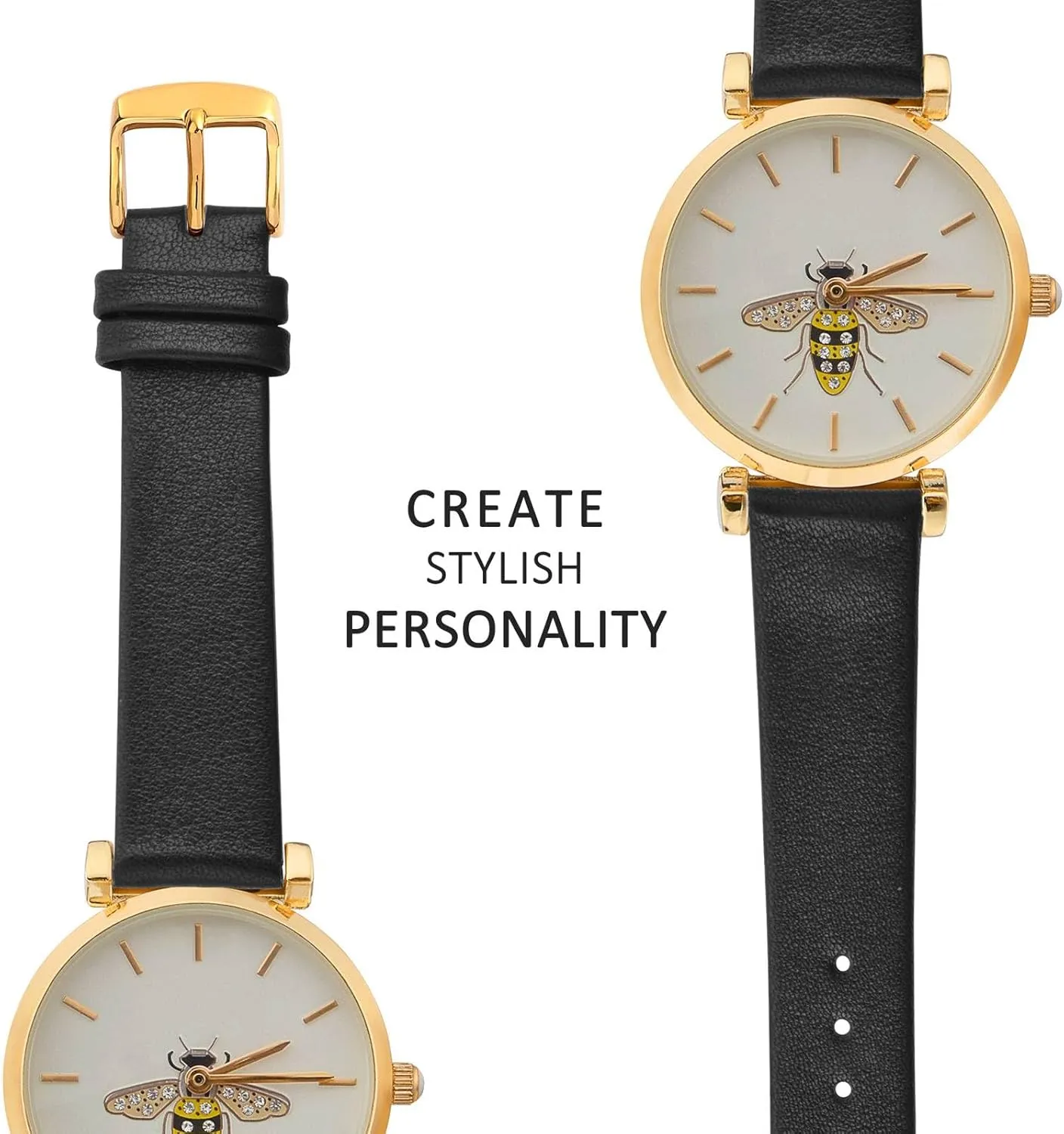 WOCCI 13mm Lug Width, Elegant Watch Band, Genuine Leather Replacement Strap with Gold Buckle (Black)