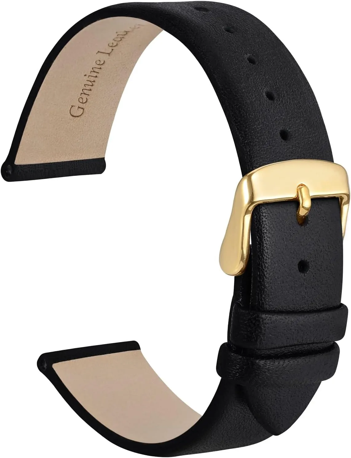 WOCCI 13mm Lug Width, Elegant Watch Band, Genuine Leather Replacement Strap with Gold Buckle (Black)