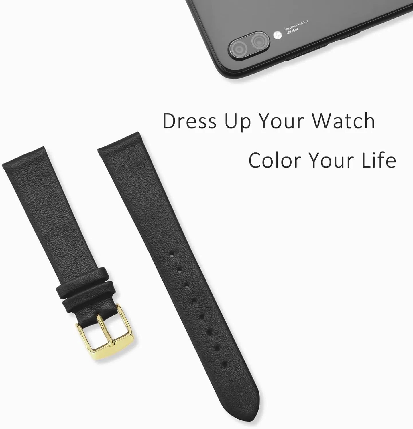 WOCCI 13mm Lug Width, Elegant Watch Band, Genuine Leather Replacement Strap with Gold Buckle (Black)
