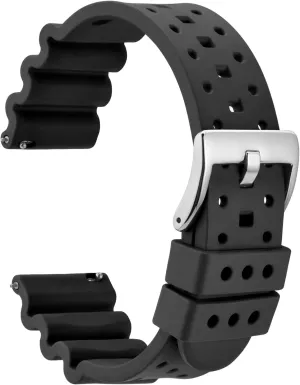 WOCCI 20mm Ventilated Watch Band for Men, FKM Rubber, Silver Buckle (Black)