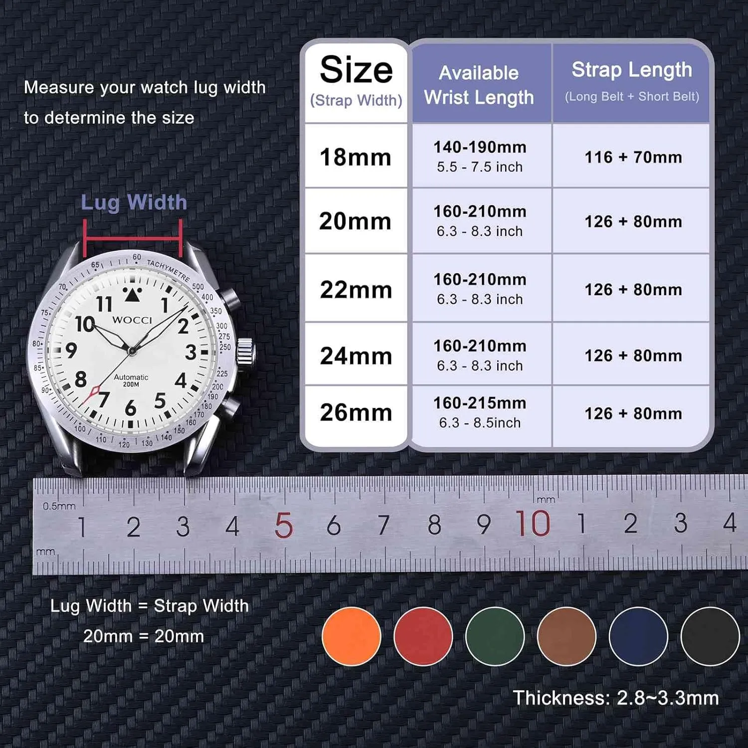 WOCCI 20mm Ventilated Watch Band for Men, FKM Rubber, Silver Buckle (Black)