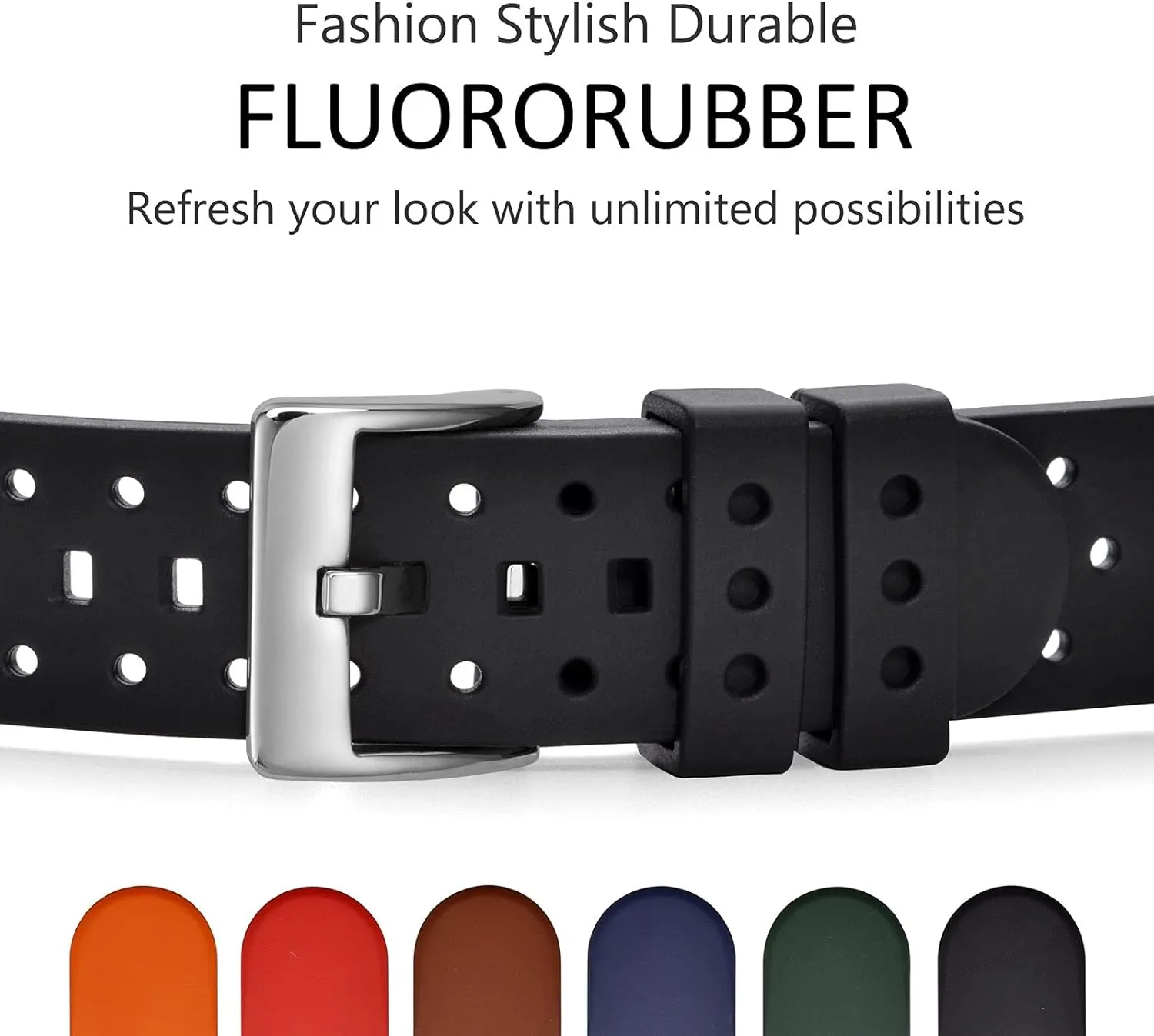 WOCCI 20mm Ventilated Watch Band for Men, FKM Rubber, Silver Buckle (Black)