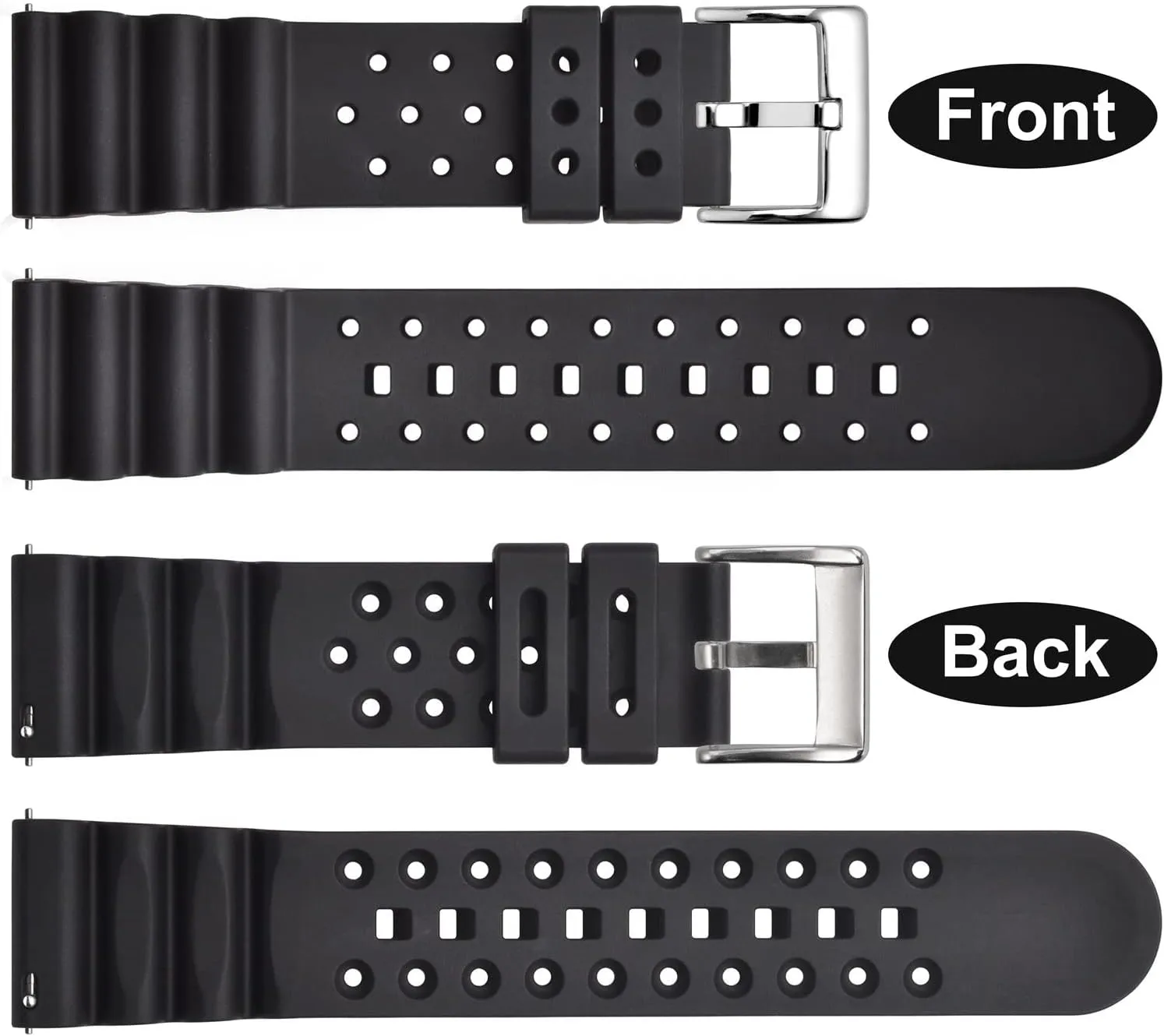 WOCCI 20mm Ventilated Watch Band for Men, FKM Rubber, Silver Buckle (Black)