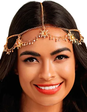 Woeoe Boho Head Chain Gold Sun Pendant Hair Chains Tassel Crystal Headpieces Vintage Bridal Headwear Festival Forehead Hair Accessories Headband for Women