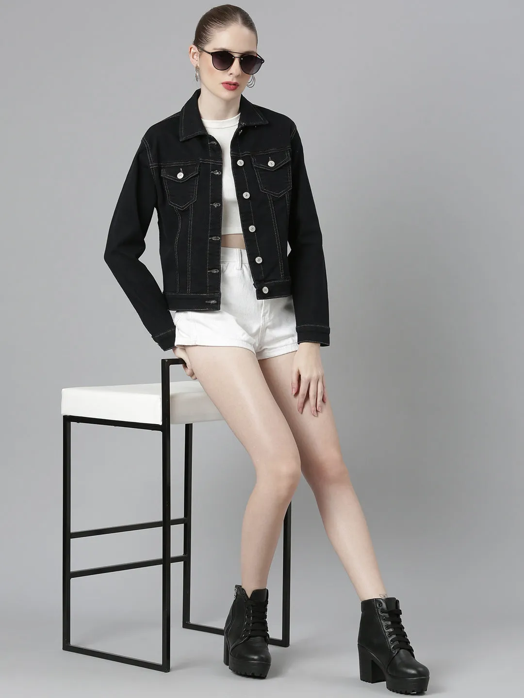 Women Charcoal Solid Denim Jacket