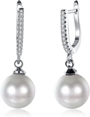 Women S925 Sterling Silver Dangle Drop Earrings with Imitation Pearl Gold White Cubic Zirconia Huggie Hoop Earring Trendy Jewelry Gift for Ladies