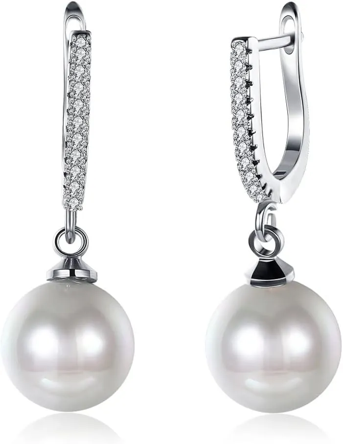 Women S925 Sterling Silver Dangle Drop Earrings with Imitation Pearl Gold White Cubic Zirconia Huggie Hoop Earring Trendy Jewelry Gift for Ladies