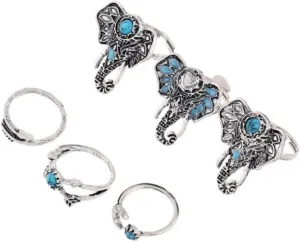 Womens Boho Rings, Vintage Designs, Elephant Styles, 6 Pieces, Turquoise & Silver
